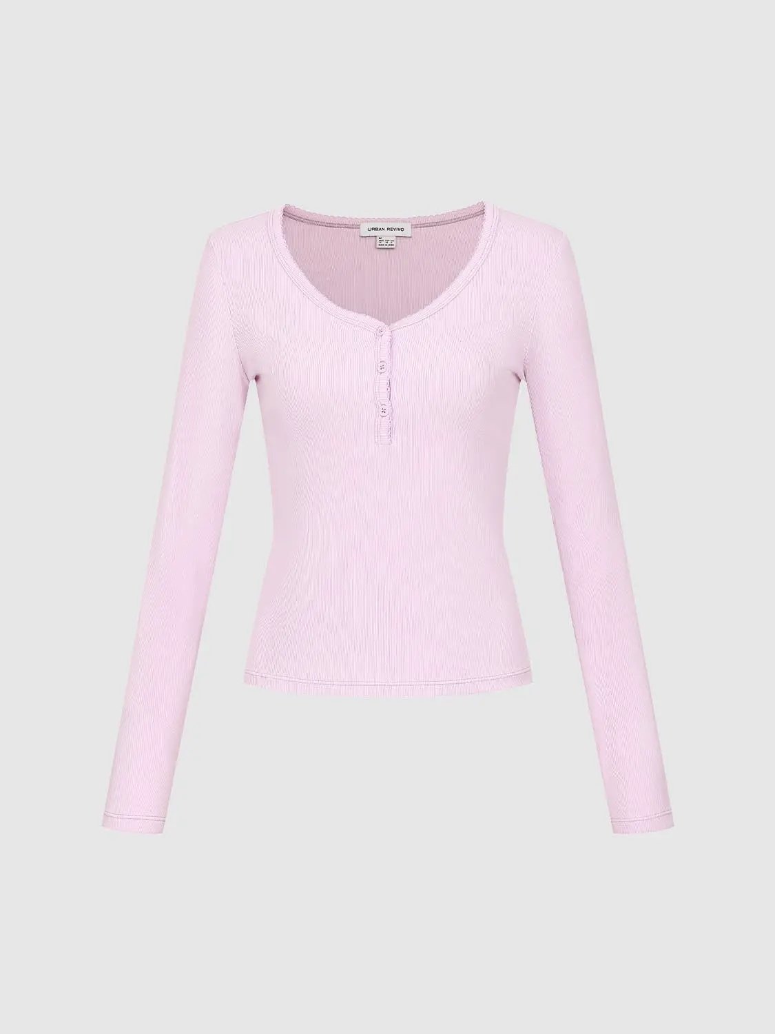 Henley Neck Slim Fit Cropped Long Sleeve Basic Top
