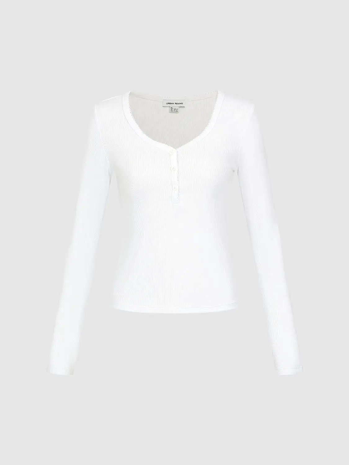Henley Neck Slim Fit Cropped Long Sleeve Basic Top
