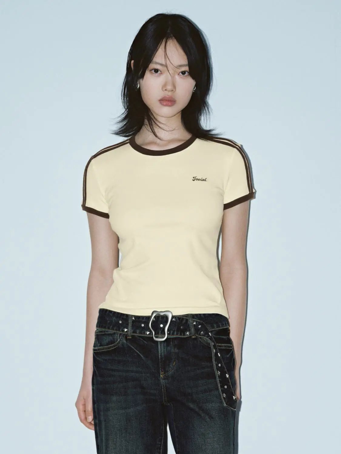 Short Sleeve Contrast Trim Fitted Waist Cotton T-Shirt