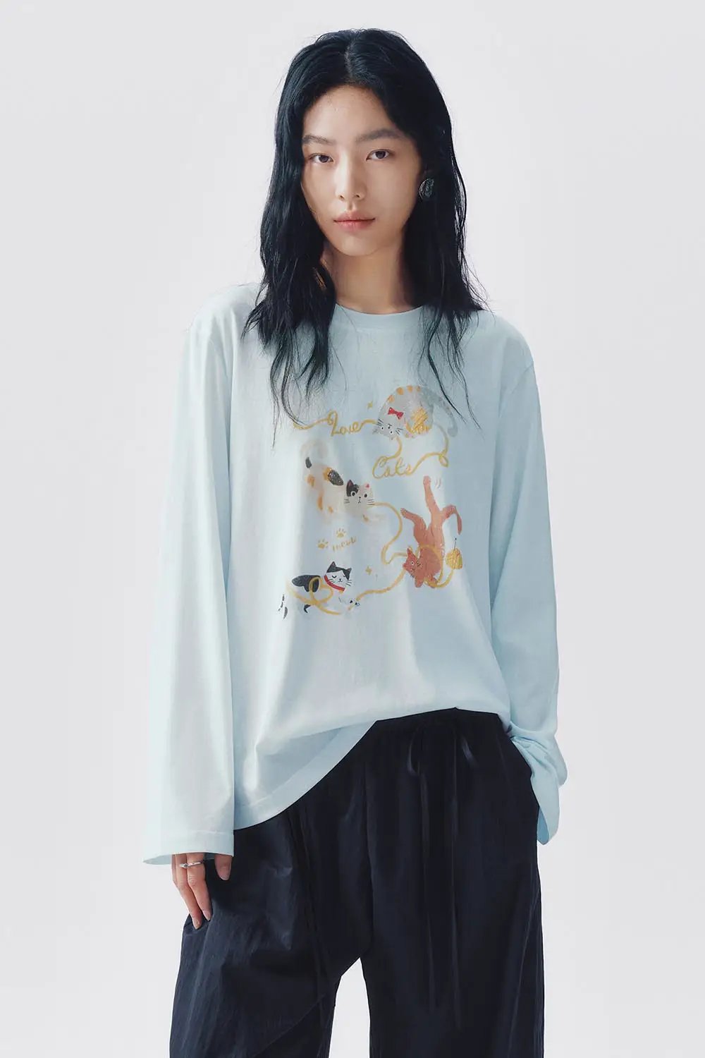 Cat Print Cotton Long Sleeve T-shirt