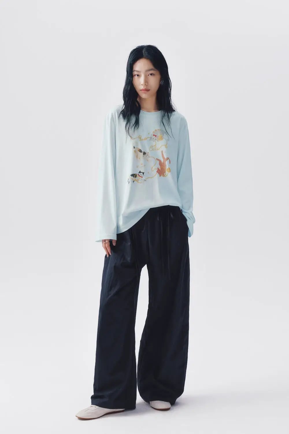 Cat Print Cotton Long Sleeve T-shirt