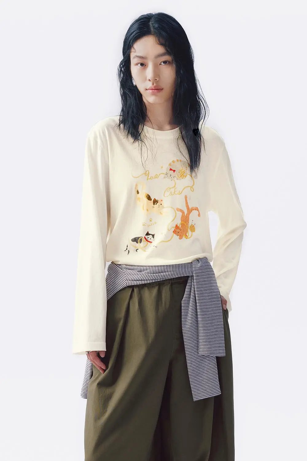 Cat Print Cotton Long Sleeve T-shirt