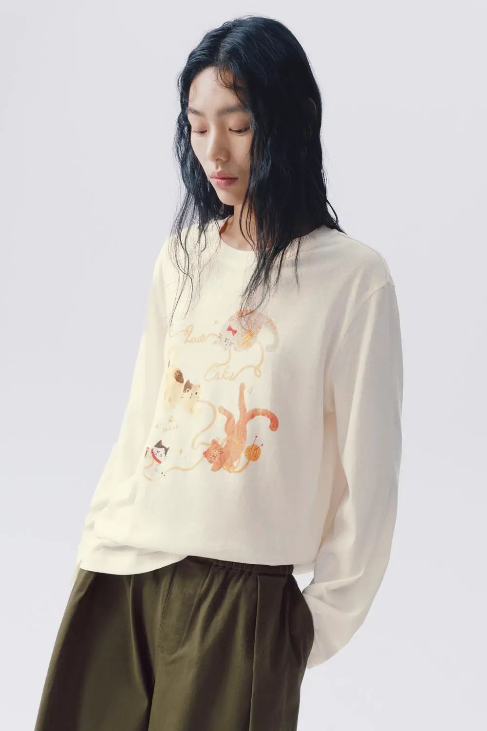Cat Print Cotton Long Sleeve T-shirt