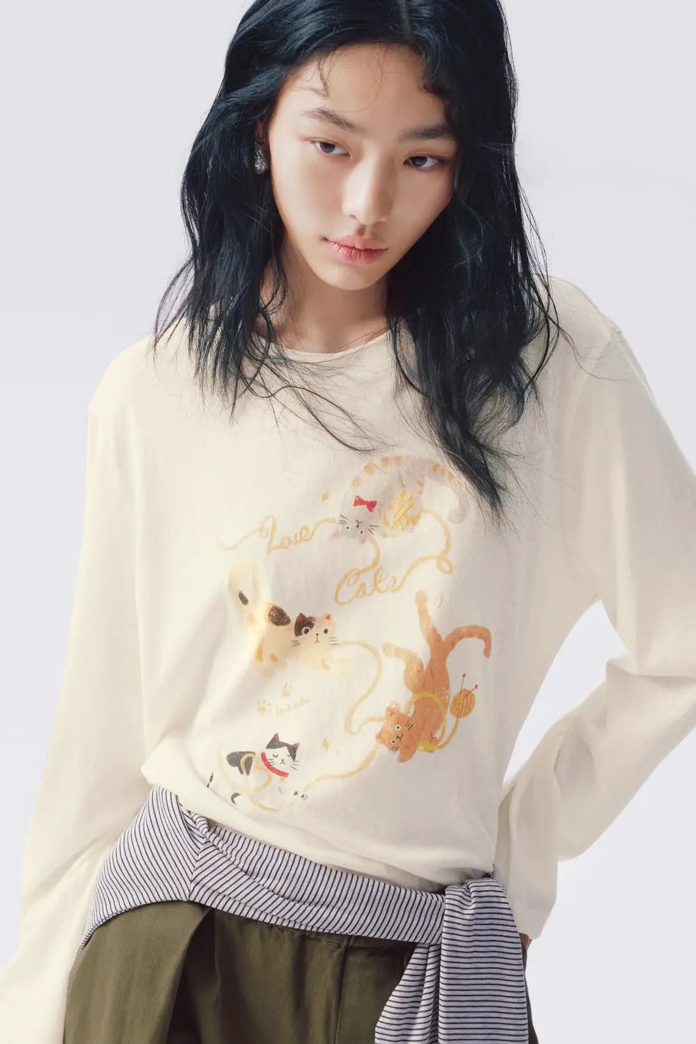Cat Print Cotton Long Sleeve T-shirt