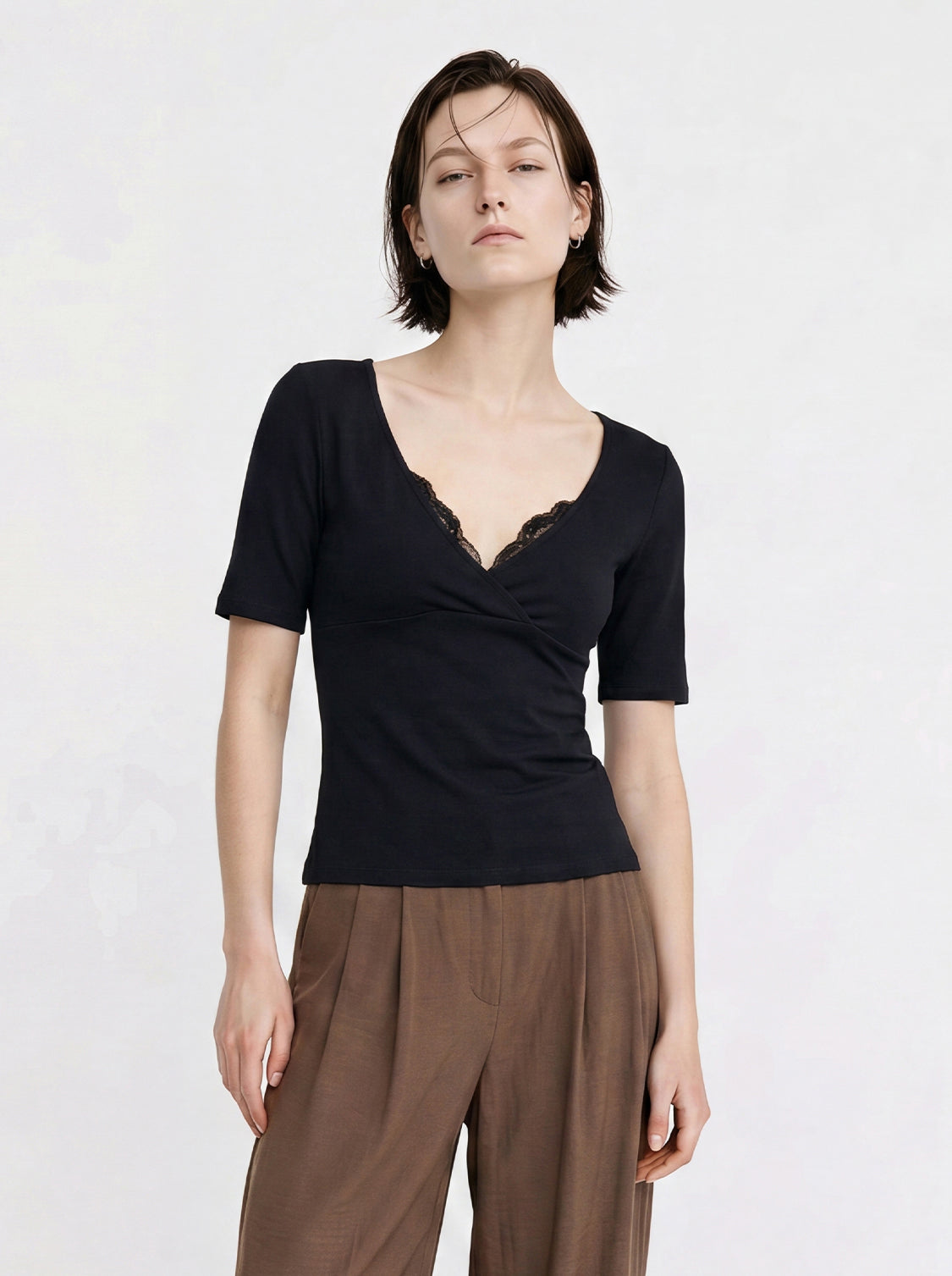 Lace Trim Wrap V Neck Short Sleeve Cropped Slim Top