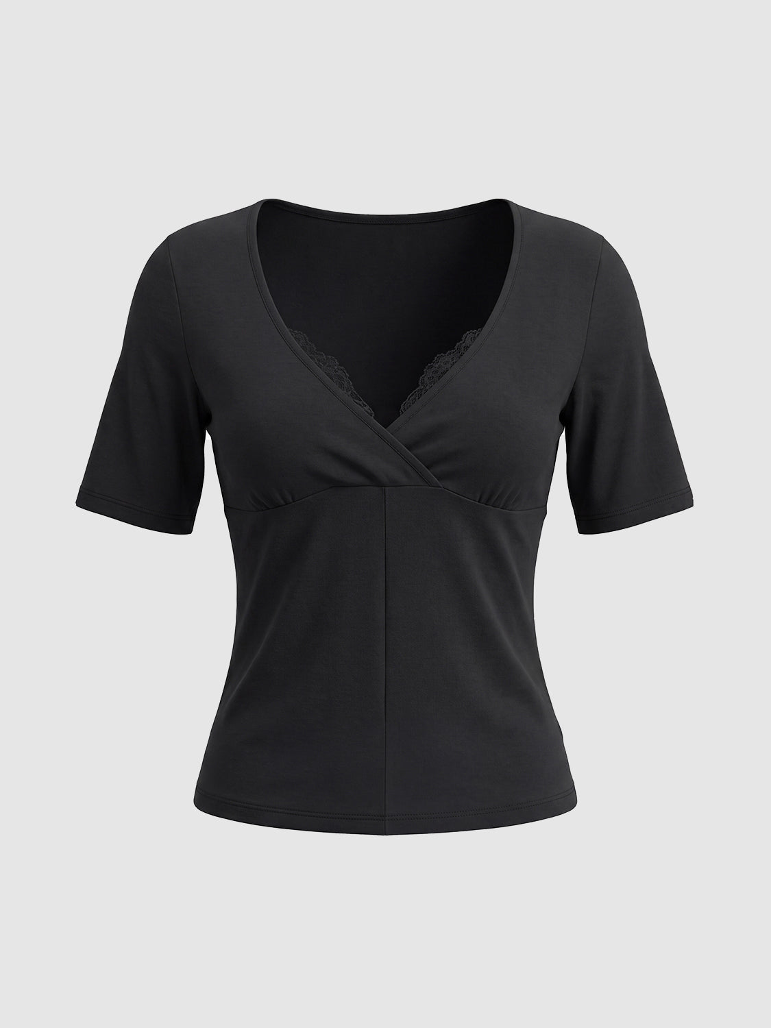 Lace Trim Wrap V Neck Short Sleeve Cropped Slim Top