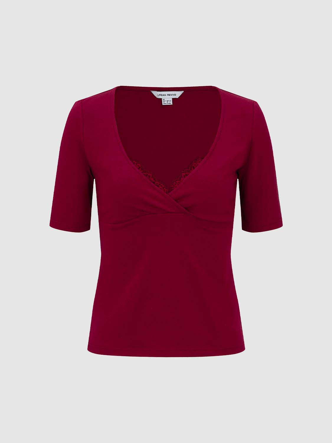 Lace Trim Wrap V Neck Short Sleeve Cropped Slim Top