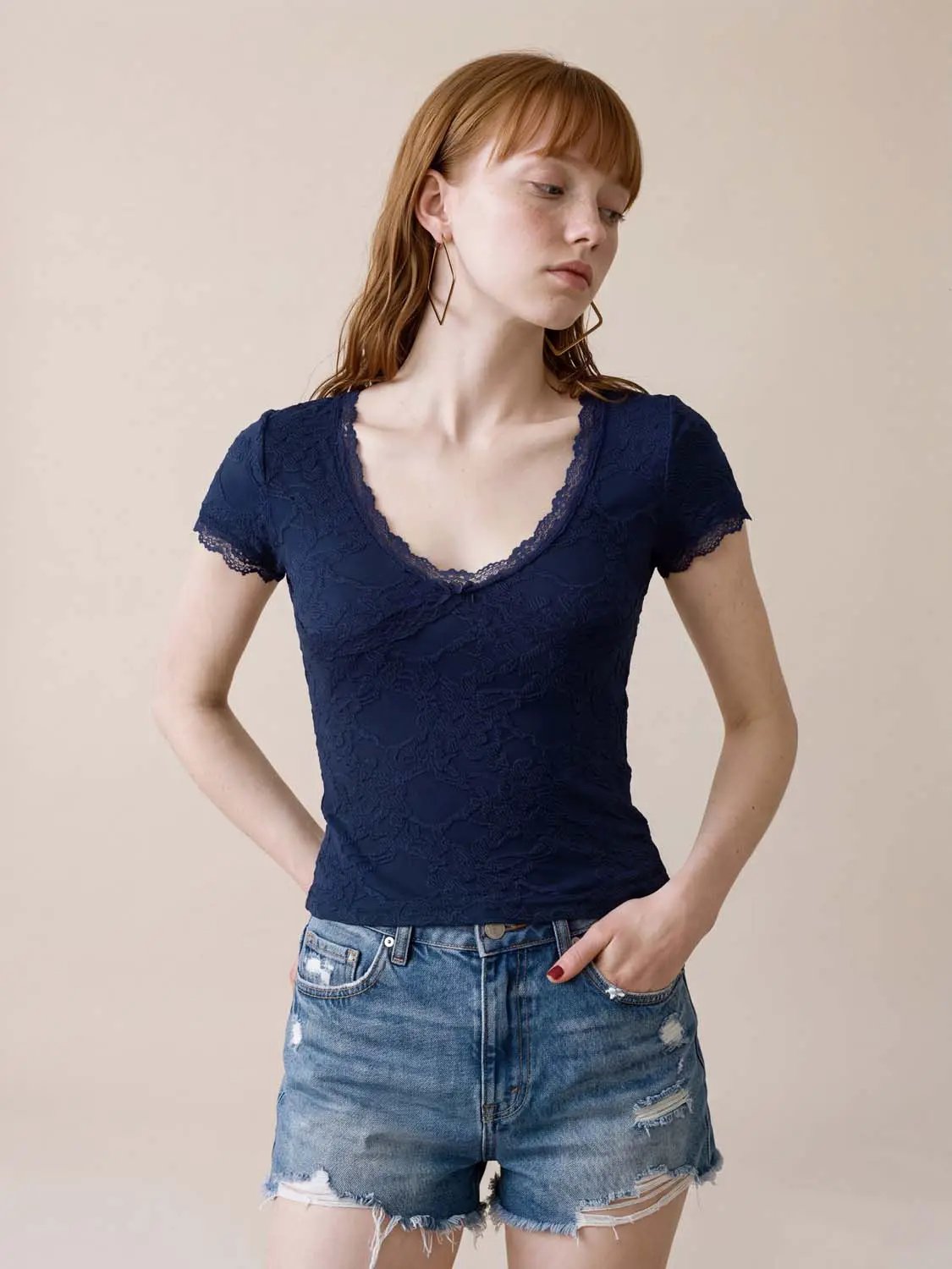 Lace Trim V-neck Shirt