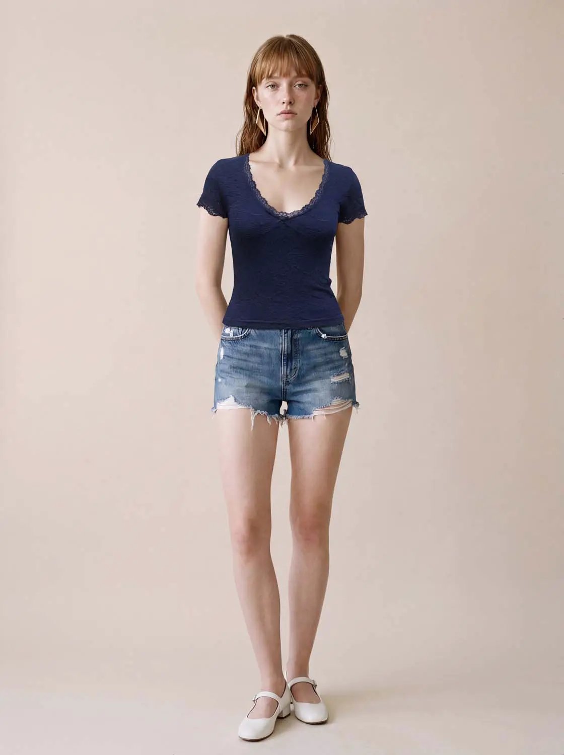 Lace Trim V-neck Shirt