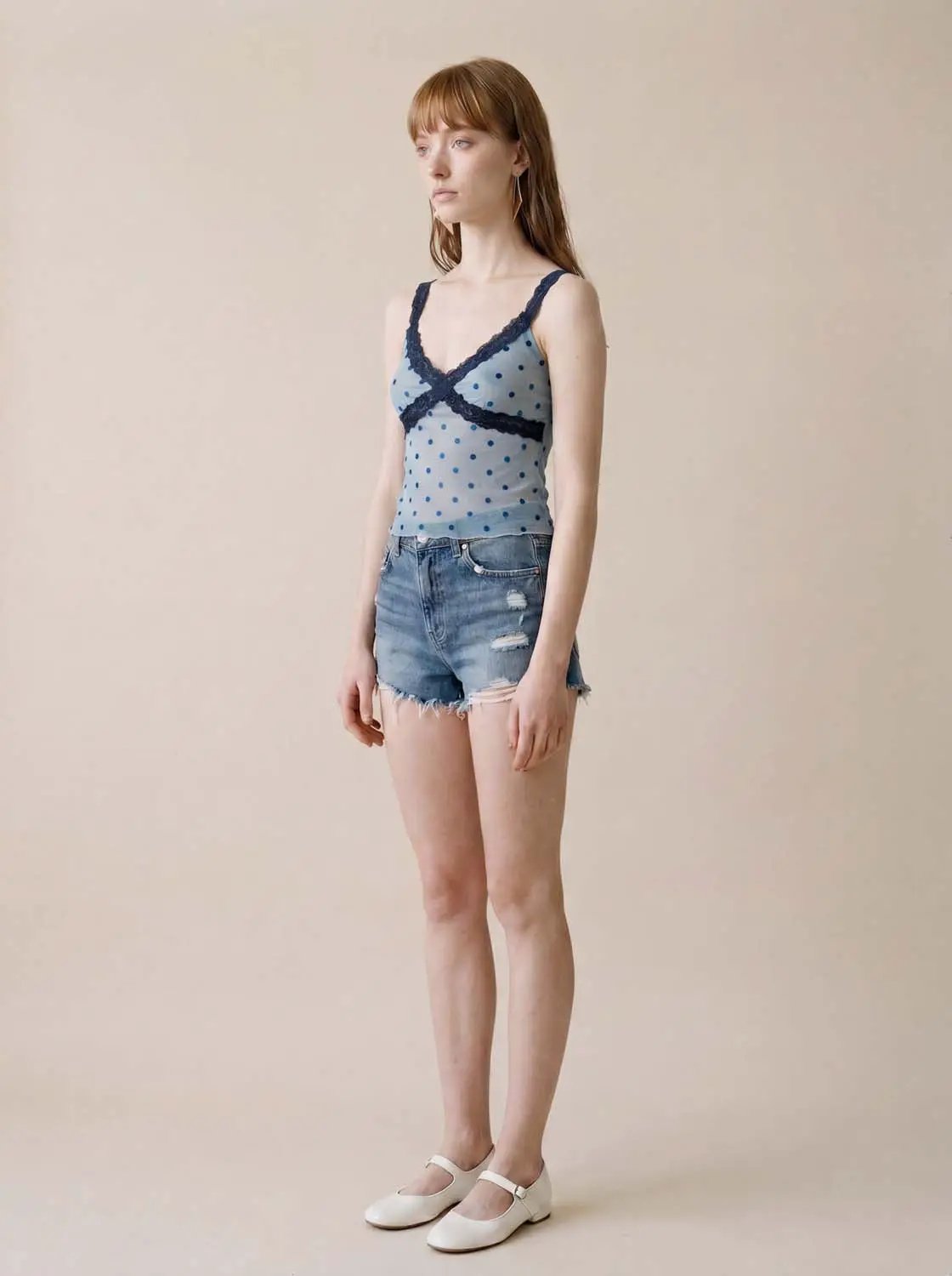 Lace Trim Polka Dot Light Blue Sleeveless Cami Top