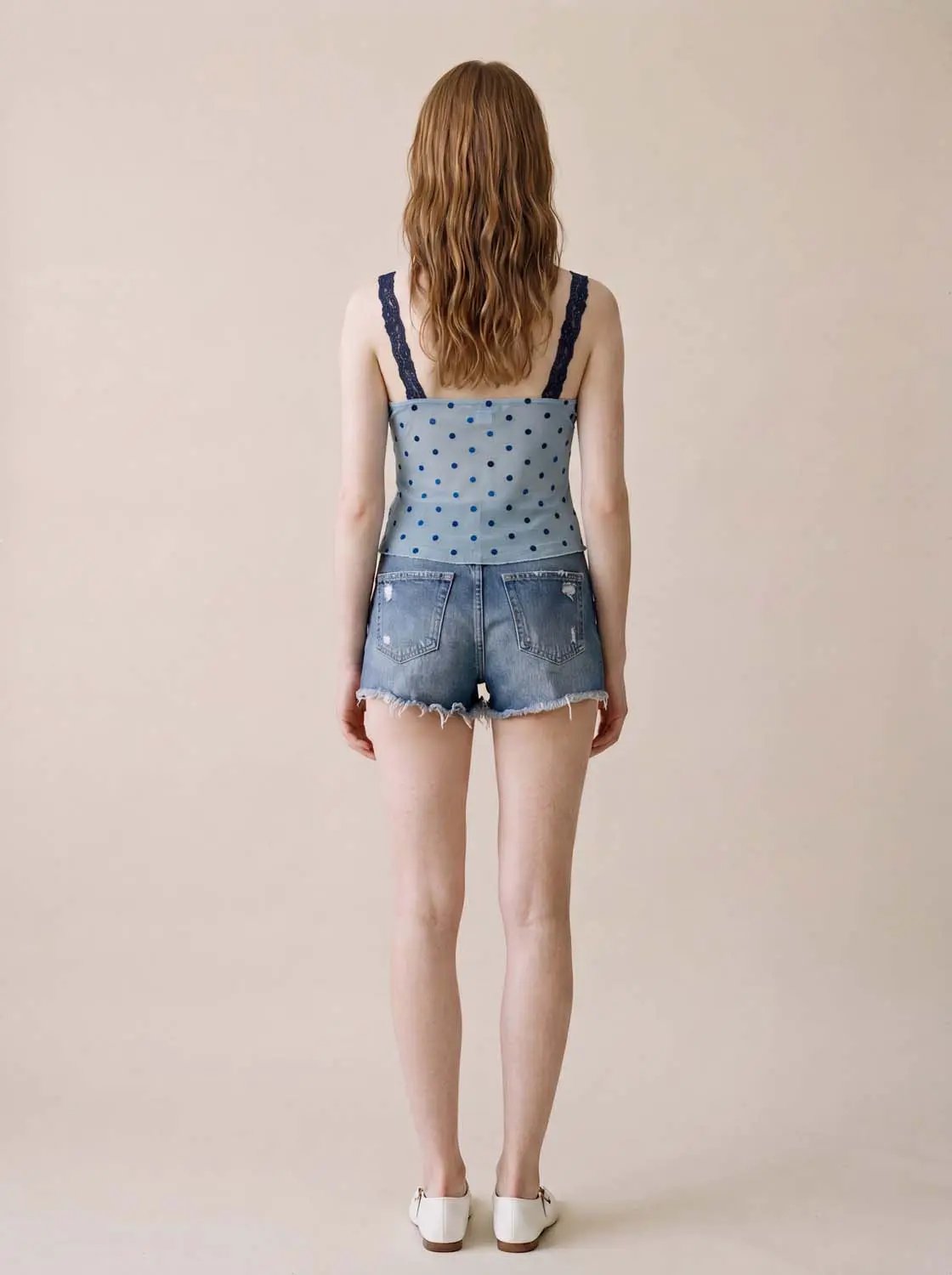 Lace Trim Polka Dot Light Blue Sleeveless Cami Top