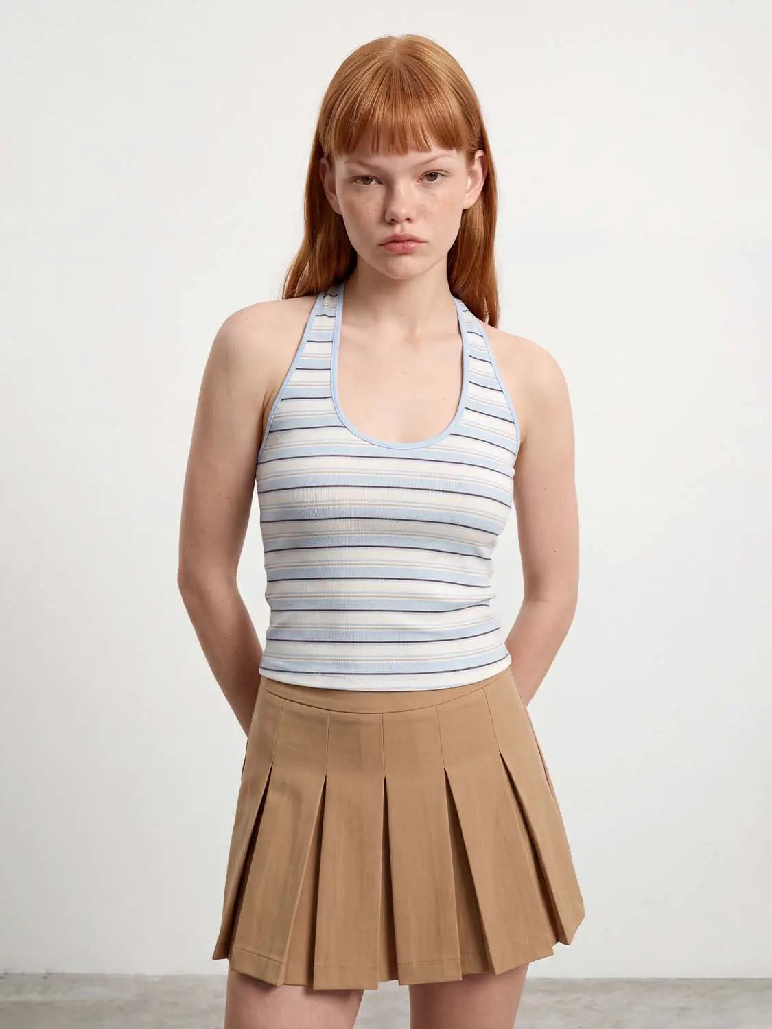 Ribbed Blue Striped Fitted Sleeveless Tank Top