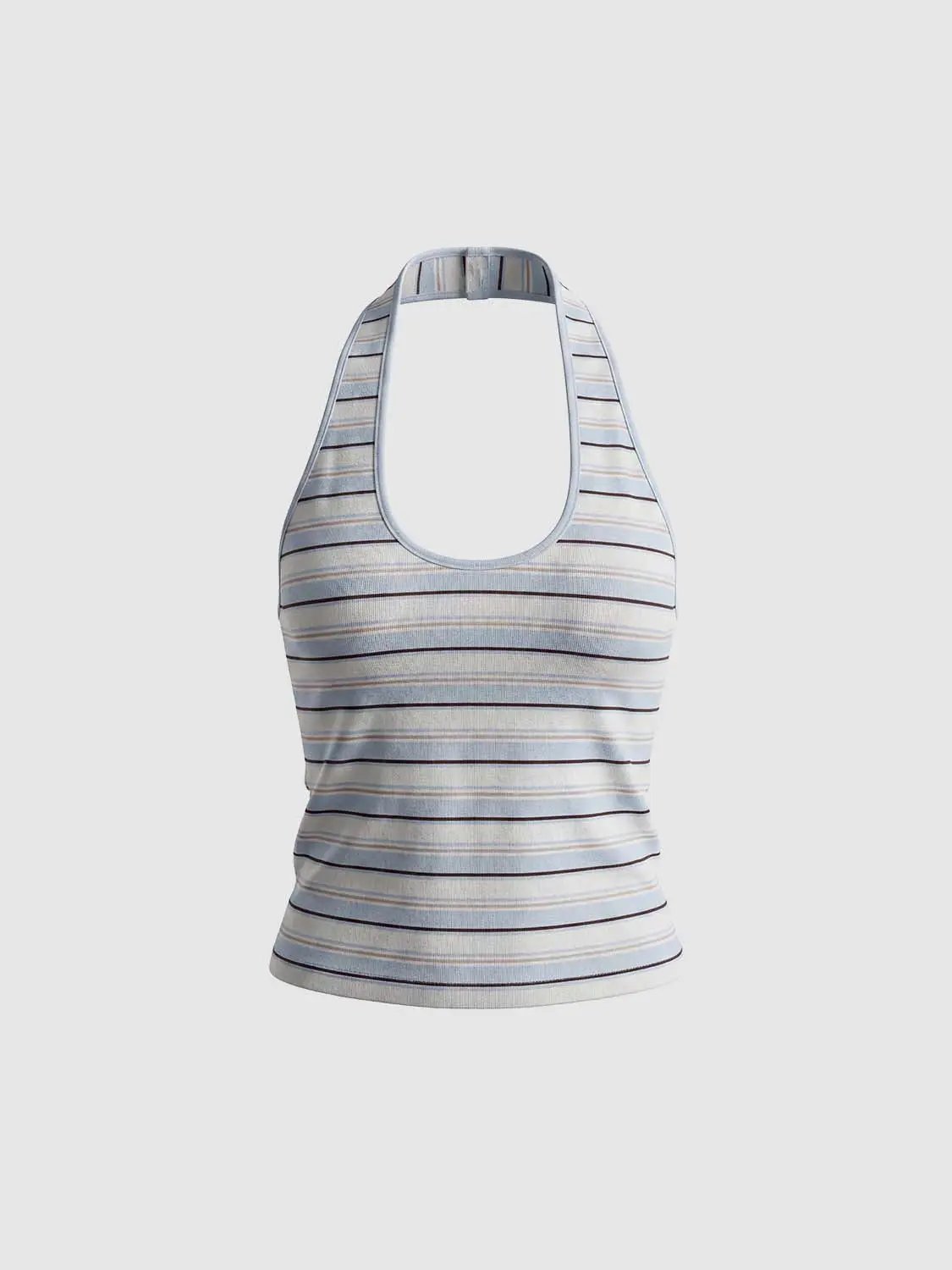 Ribbed Blue Striped Fitted Sleeveless Tank Top