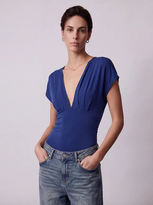 Fitted Draped V-neck Short Sleeve T-Shirt