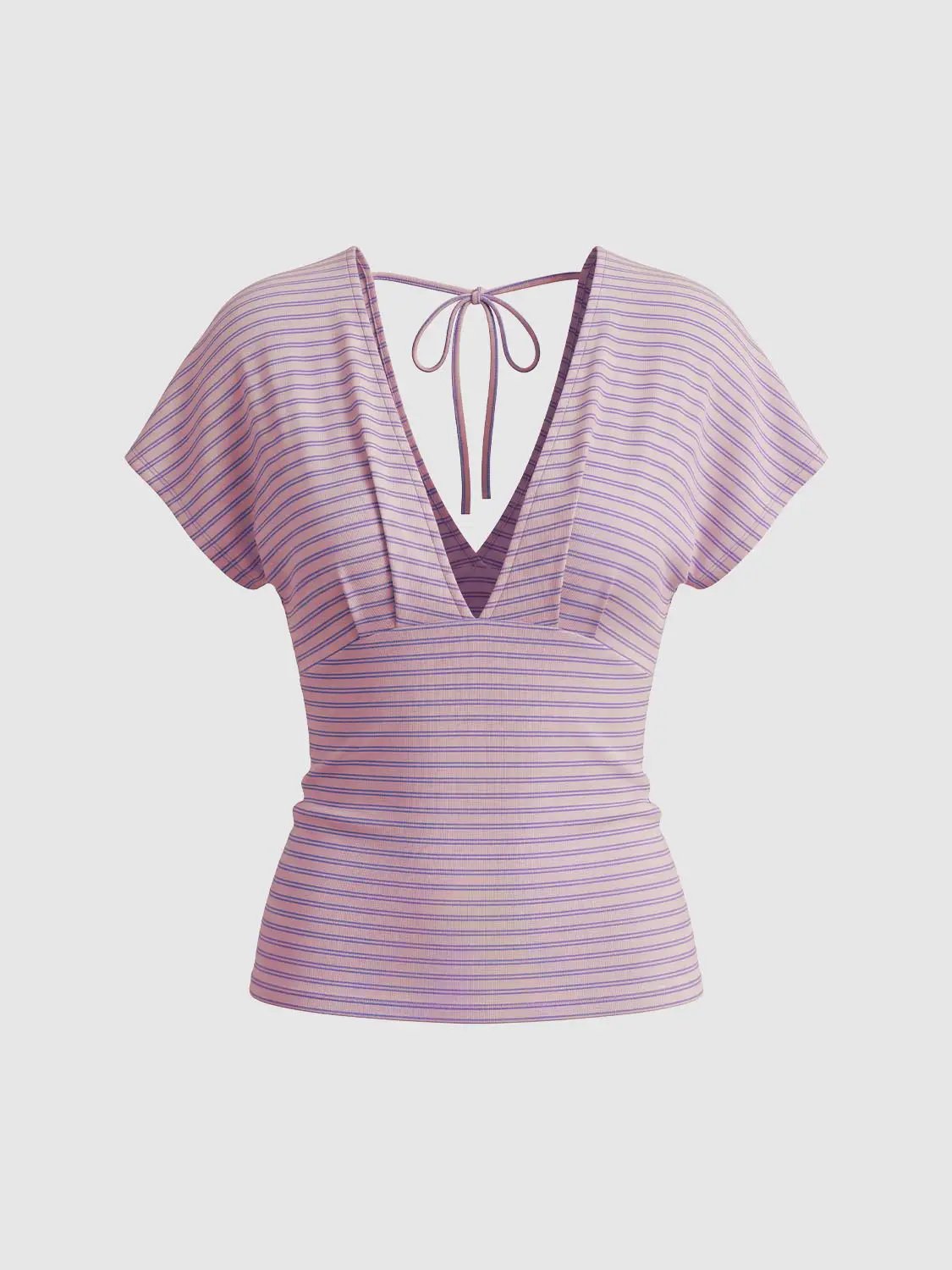 Striped Wrap V-Neck Short Sleeve Cotton T-Shirt