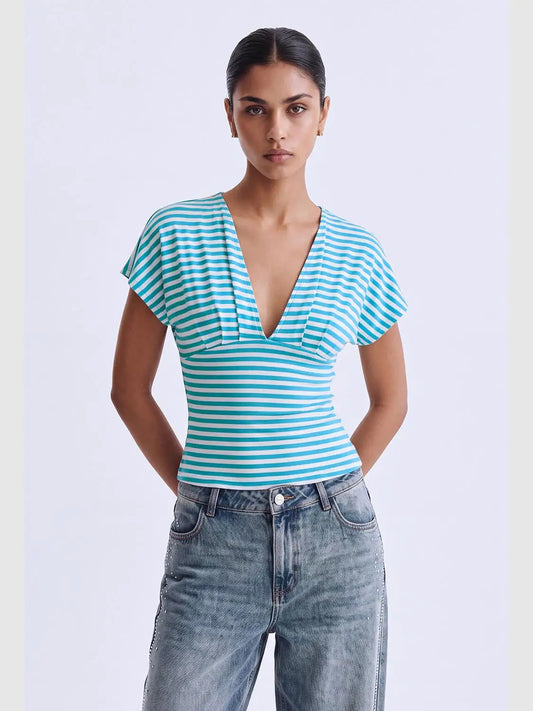 Wrap Striped Fitted V-neck Short Sleeve T-Shirt