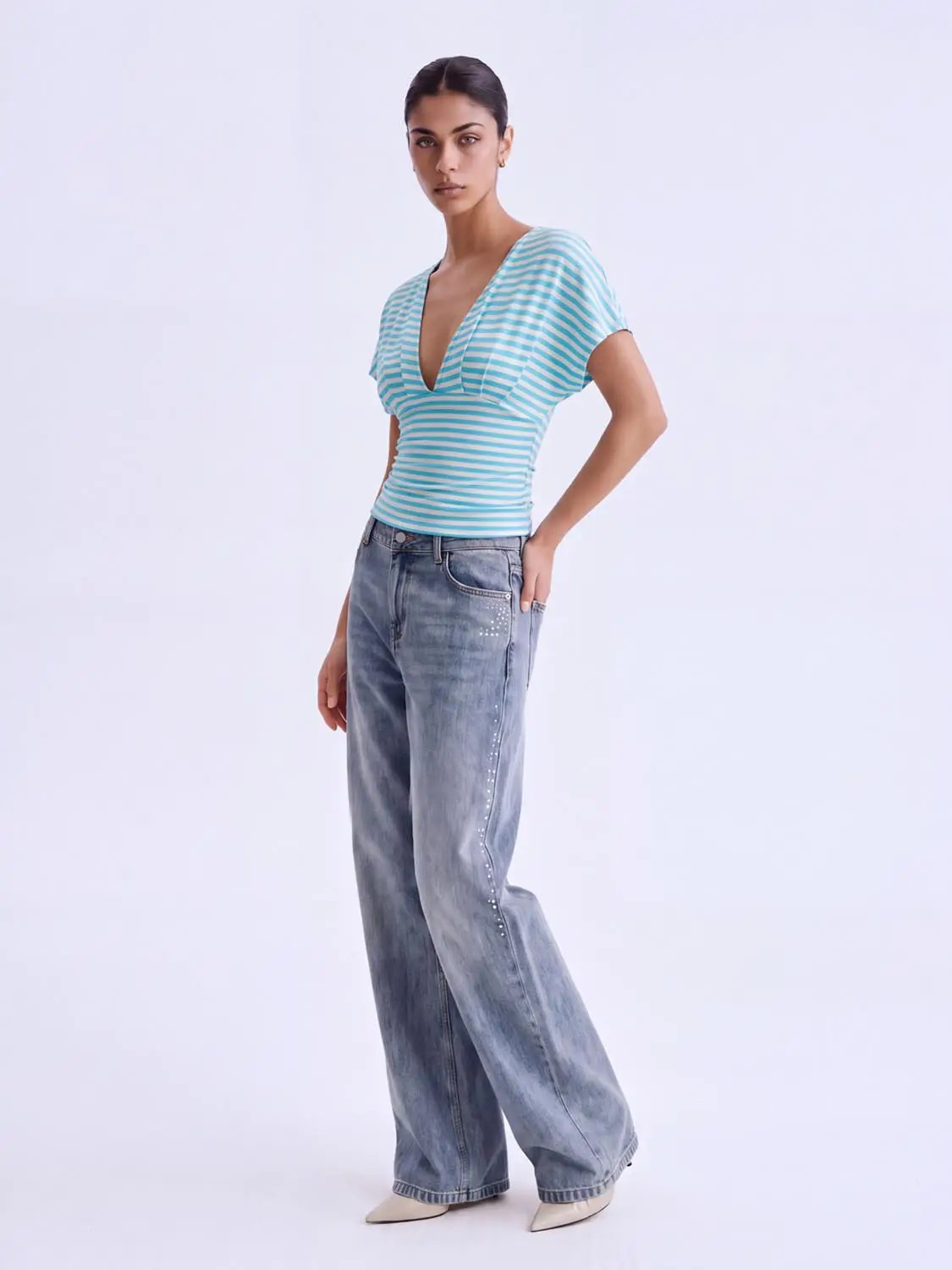 Wrap Striped Fitted V-neck Short Sleeve T-Shirt