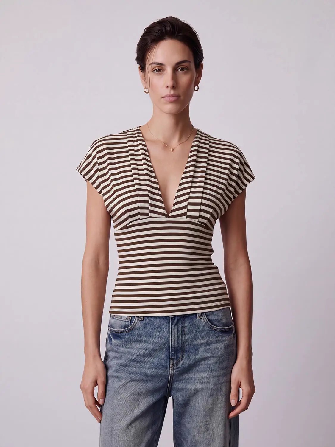 Wrap Striped Fitted V-neck Short Sleeve T-Shirt