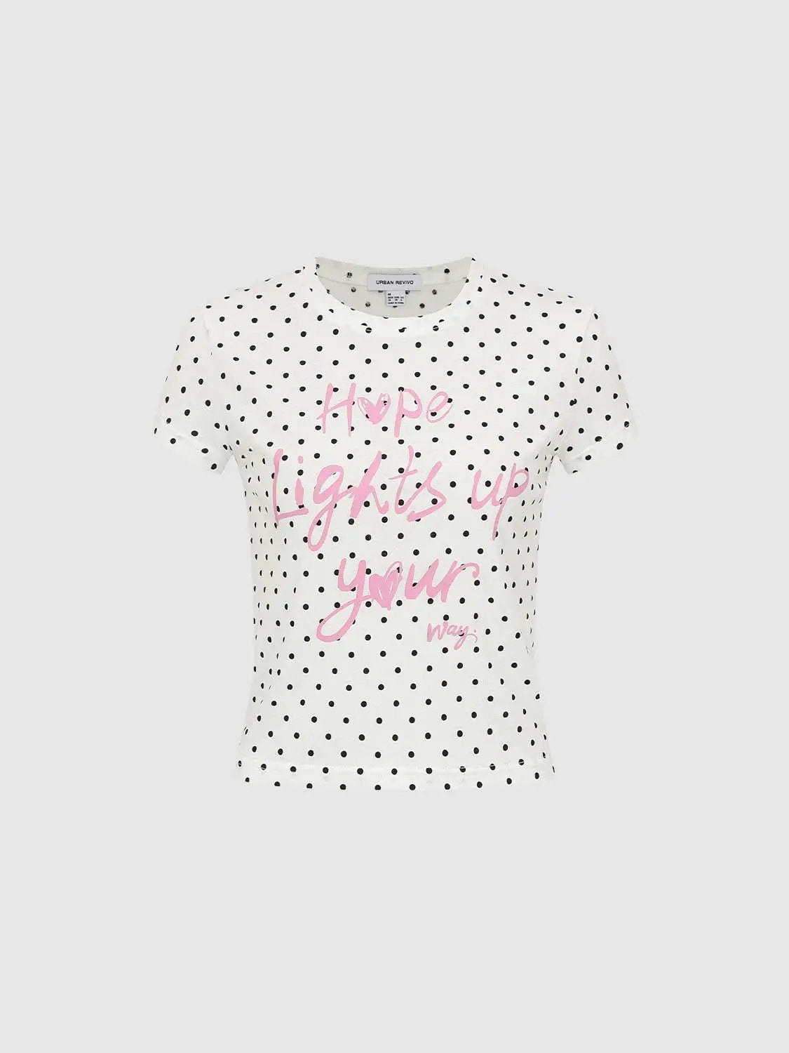 Polka Dot Text Print Short Sleeve Cotton Blend T-Shirt