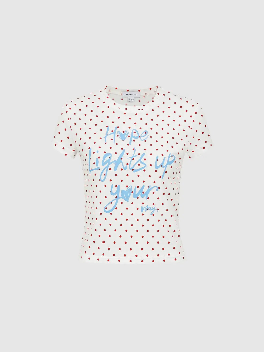 Polka Dot Text Print Short Sleeve Cotton Blend T-Shirt