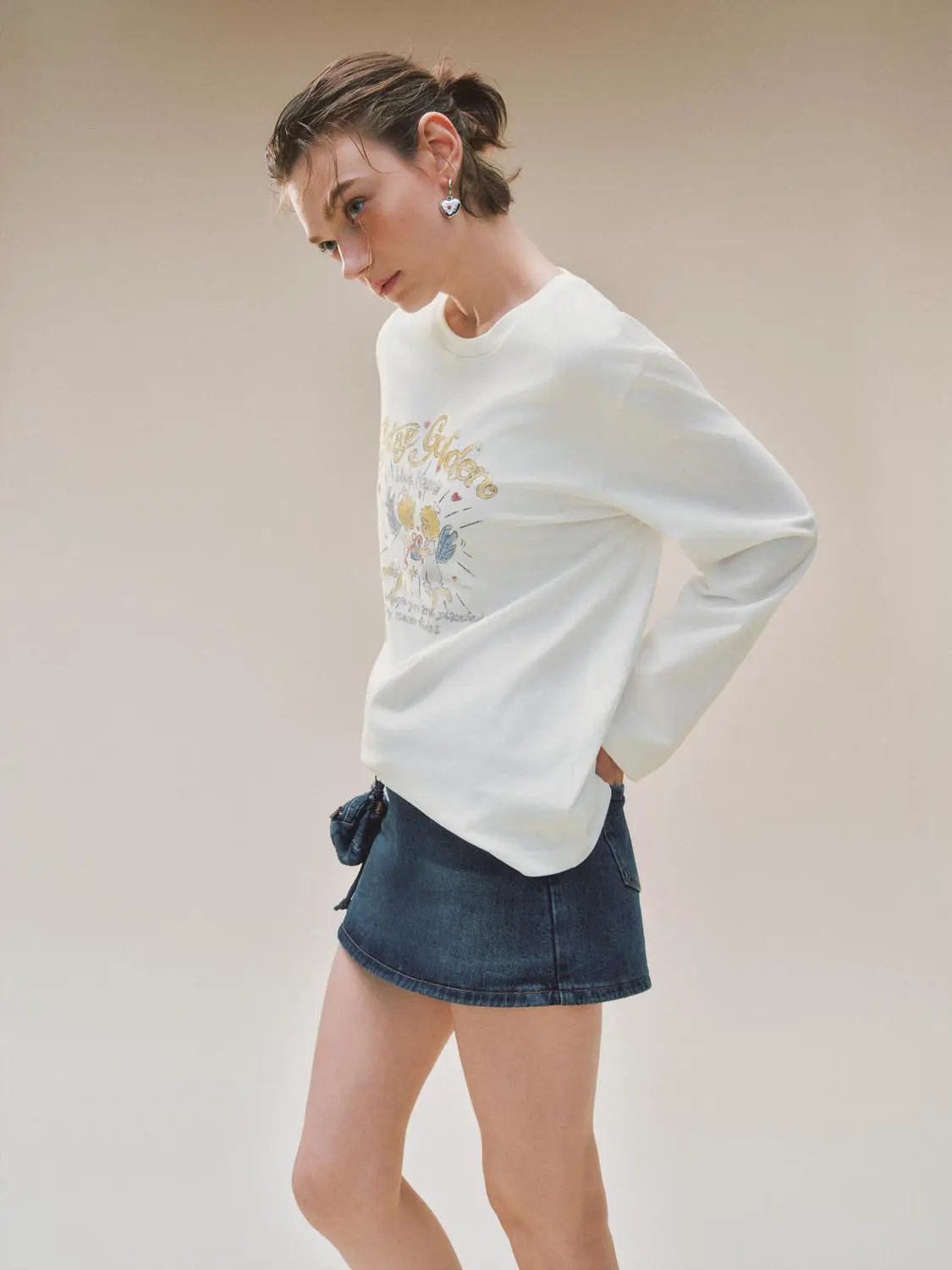 Printed Crew Neck Long Sleeve Cotton Blend T-shirt