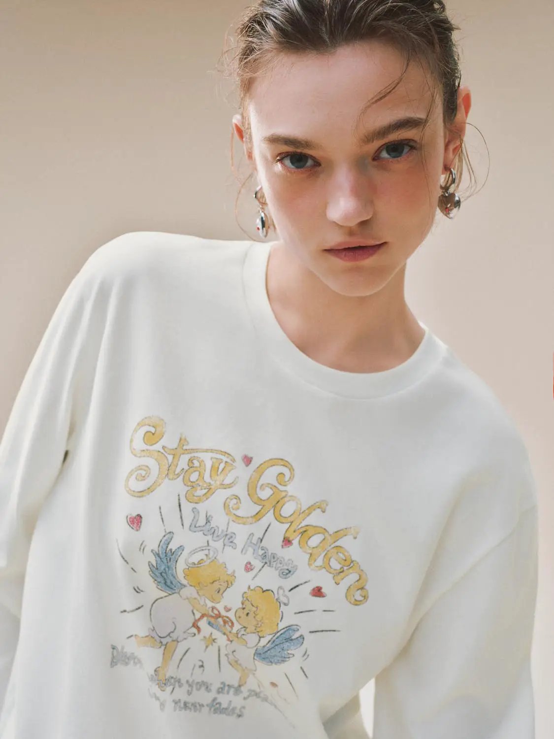 Printed Crew Neck Long Sleeve Cotton Blend T-shirt