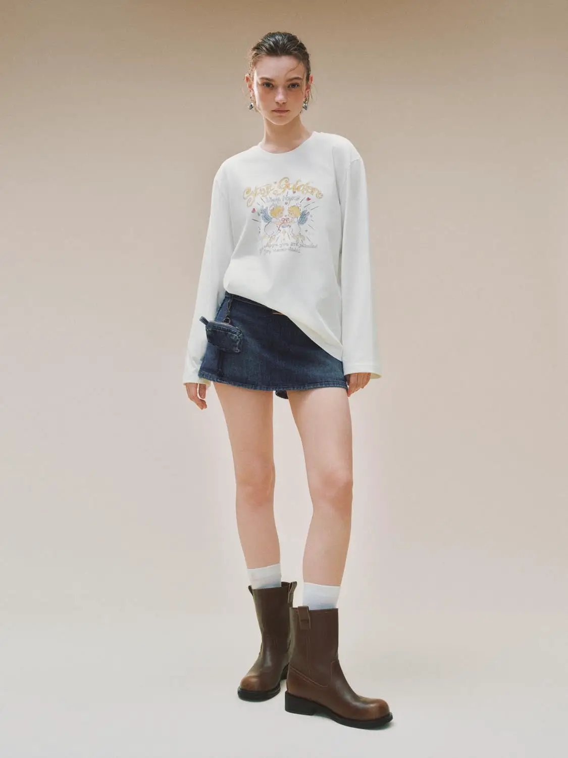 Printed Crew Neck Long Sleeve Cotton Blend T-shirt