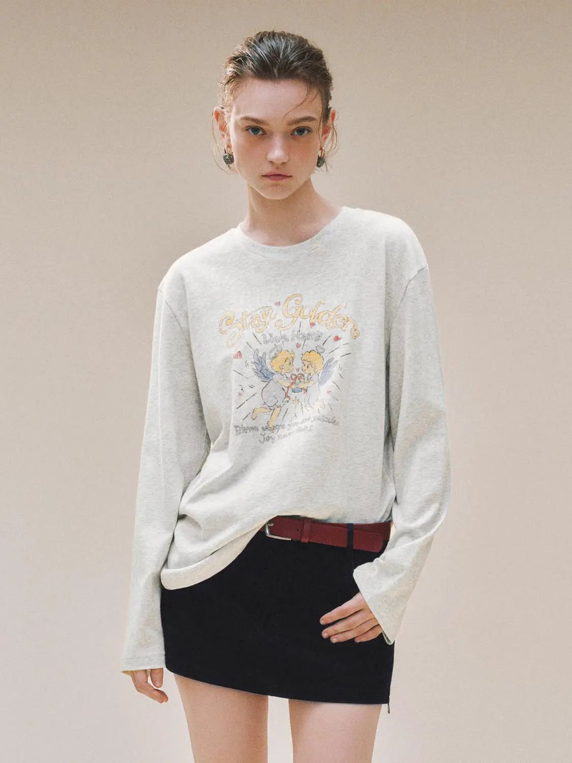 Graphic Print Crew Neck Long Sleeve Cotton Blend T-shirt