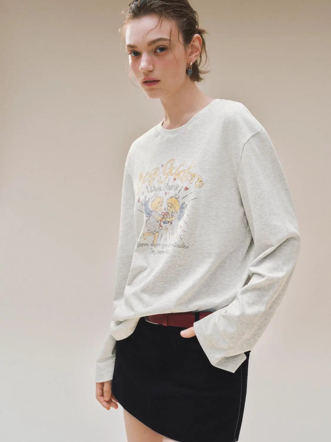 Graphic Print Crew Neck Long Sleeve Cotton Blend T-shirt