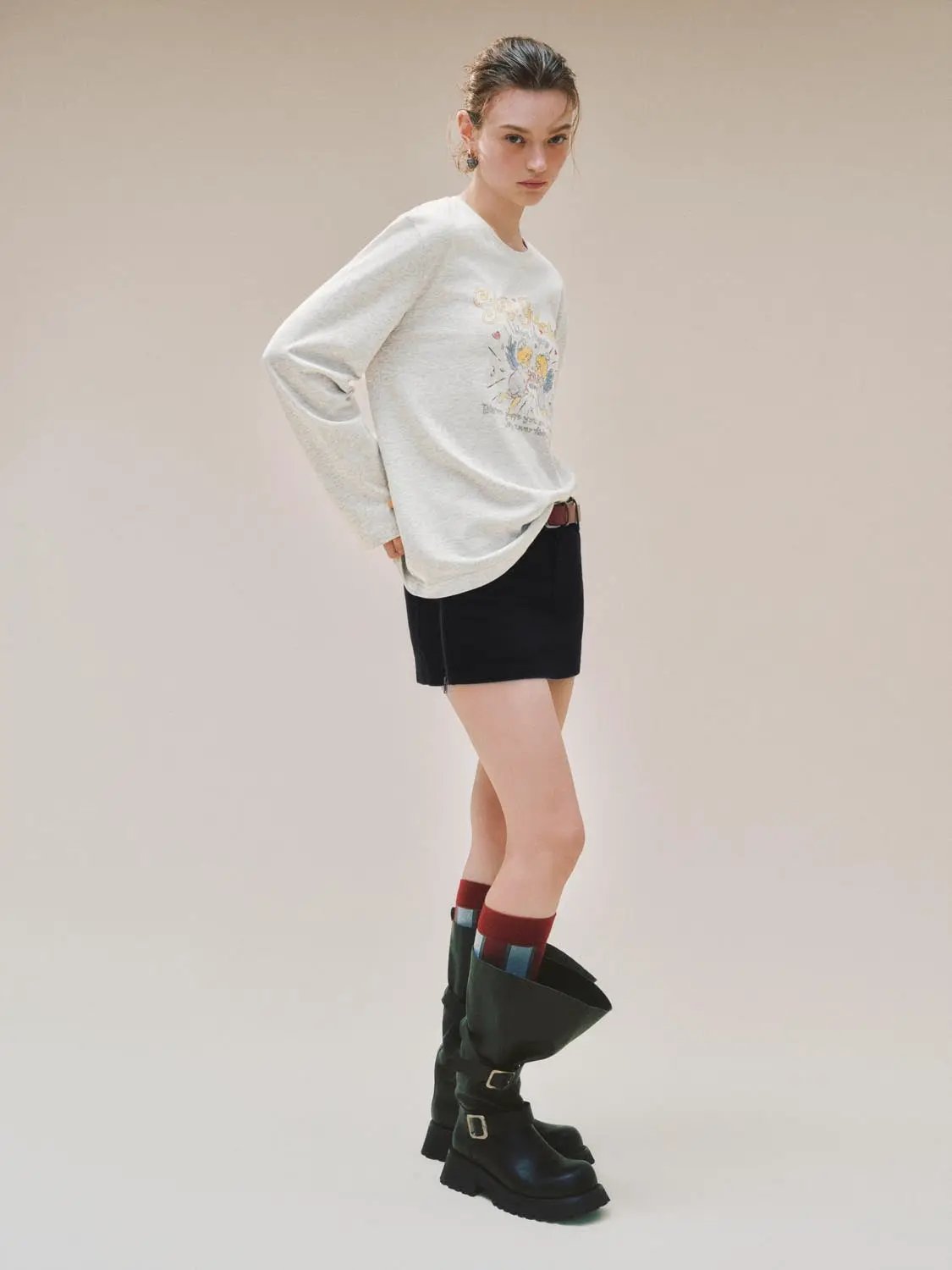 Graphic Print Crew Neck Long Sleeve Cotton Blend T-shirt