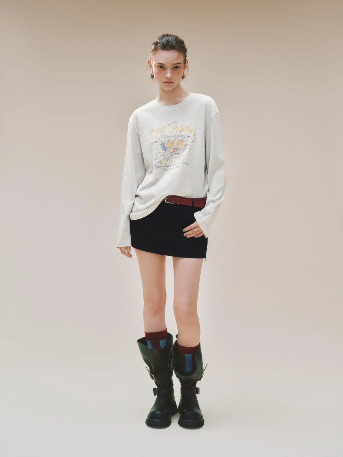 Graphic Print Crew Neck Long Sleeve Cotton Blend T-shirt