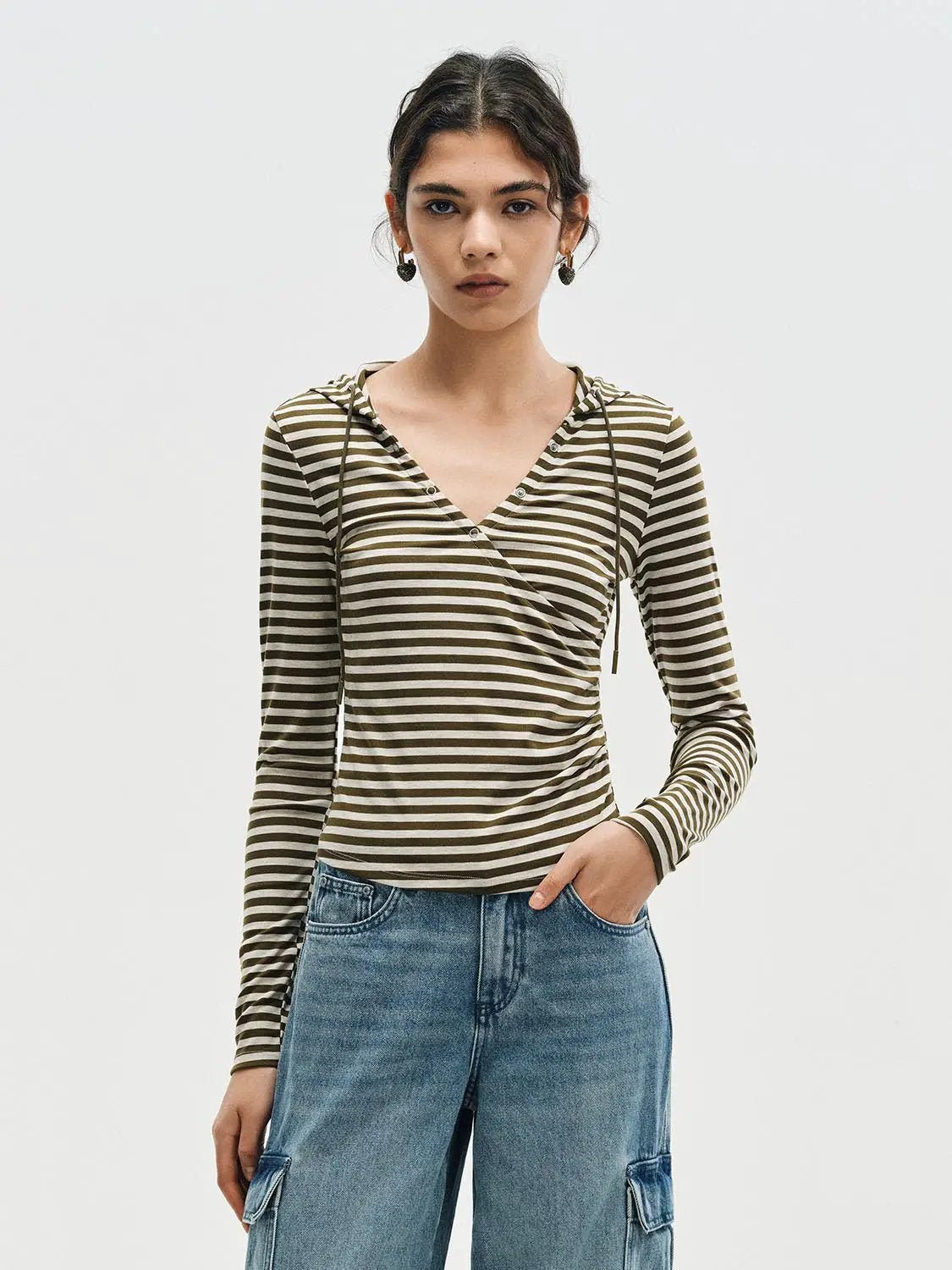 Hooded Button Front Striped V-Neck Long Sleeve T-Shirt