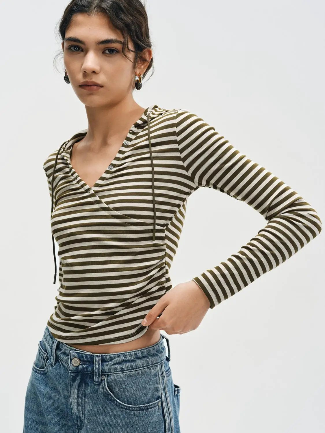 Hooded Button Front Striped V-Neck Long Sleeve T-Shirt