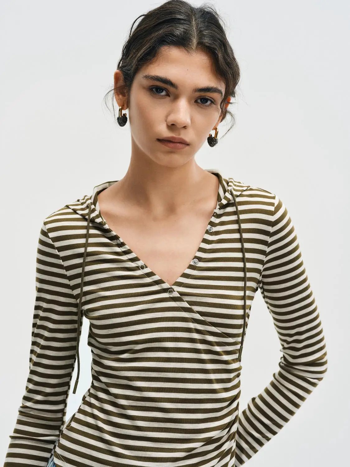 Hooded Button Front Striped V-Neck Long Sleeve T-Shirt