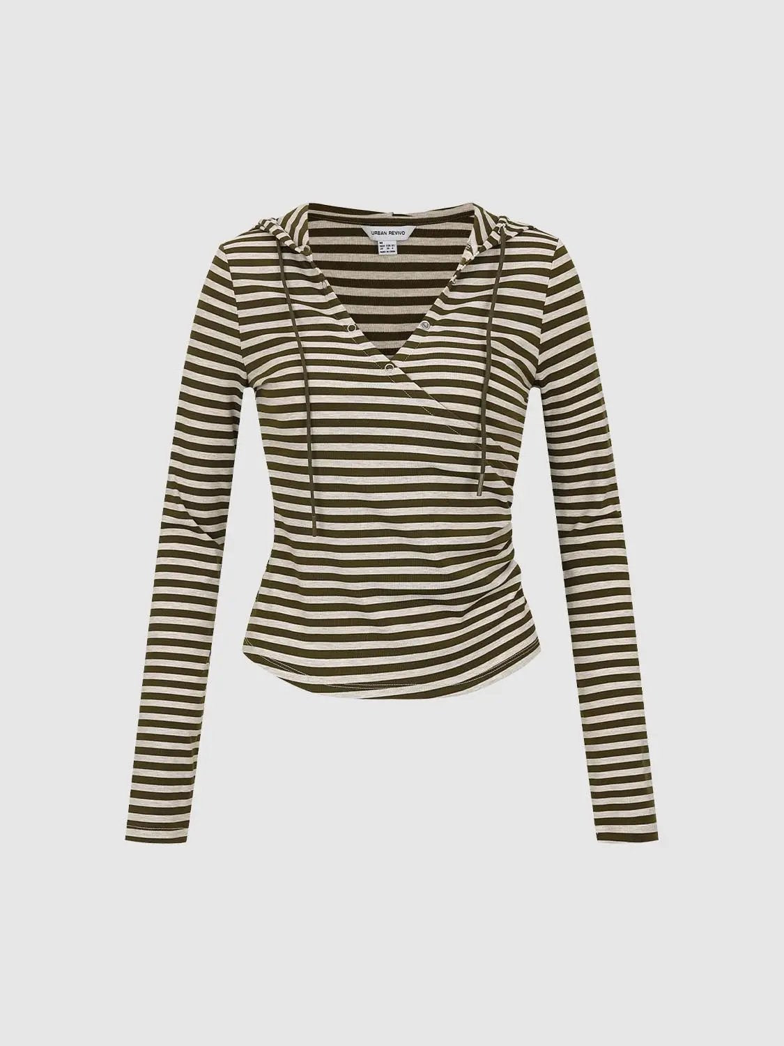 Hooded Button Front Striped V-Neck Long Sleeve T-Shirt