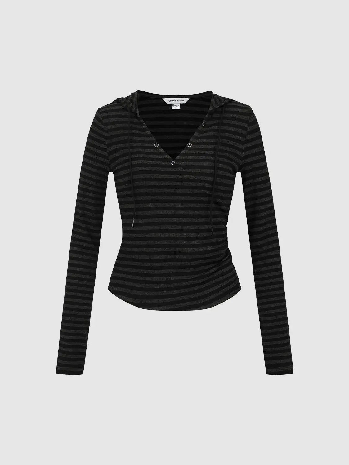 Ruched Side Dark Striped V-neck Long Sleeve Hoodie