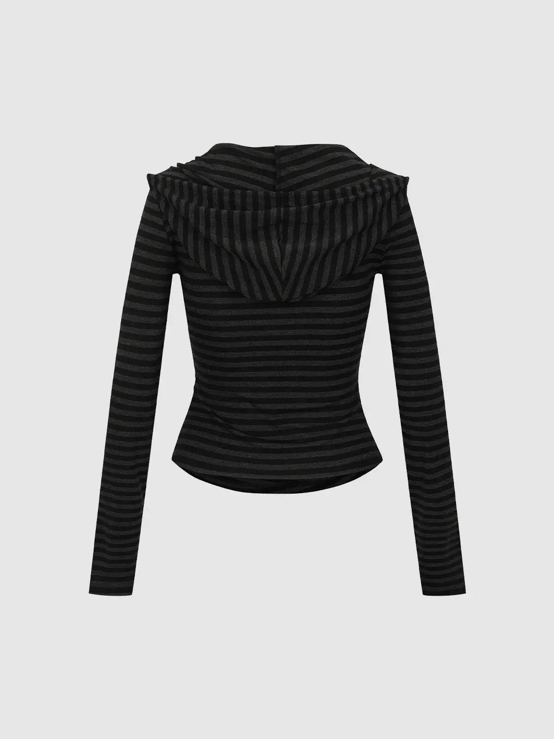 Ruched Side Dark Striped V-neck Long Sleeve Hoodie