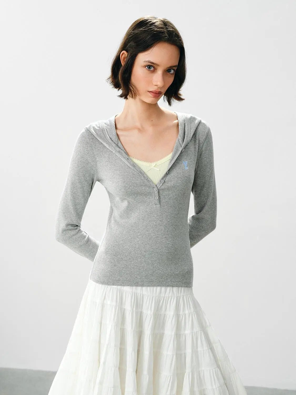 Embroidered Button Front Long Sleeve Cotton Blend Pullover