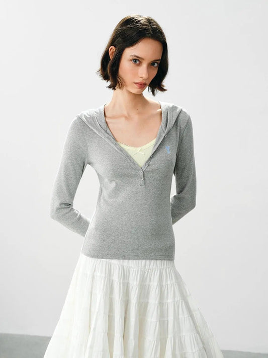 Embroidered Button Front Long Sleeve Cotton Blend Pullover
