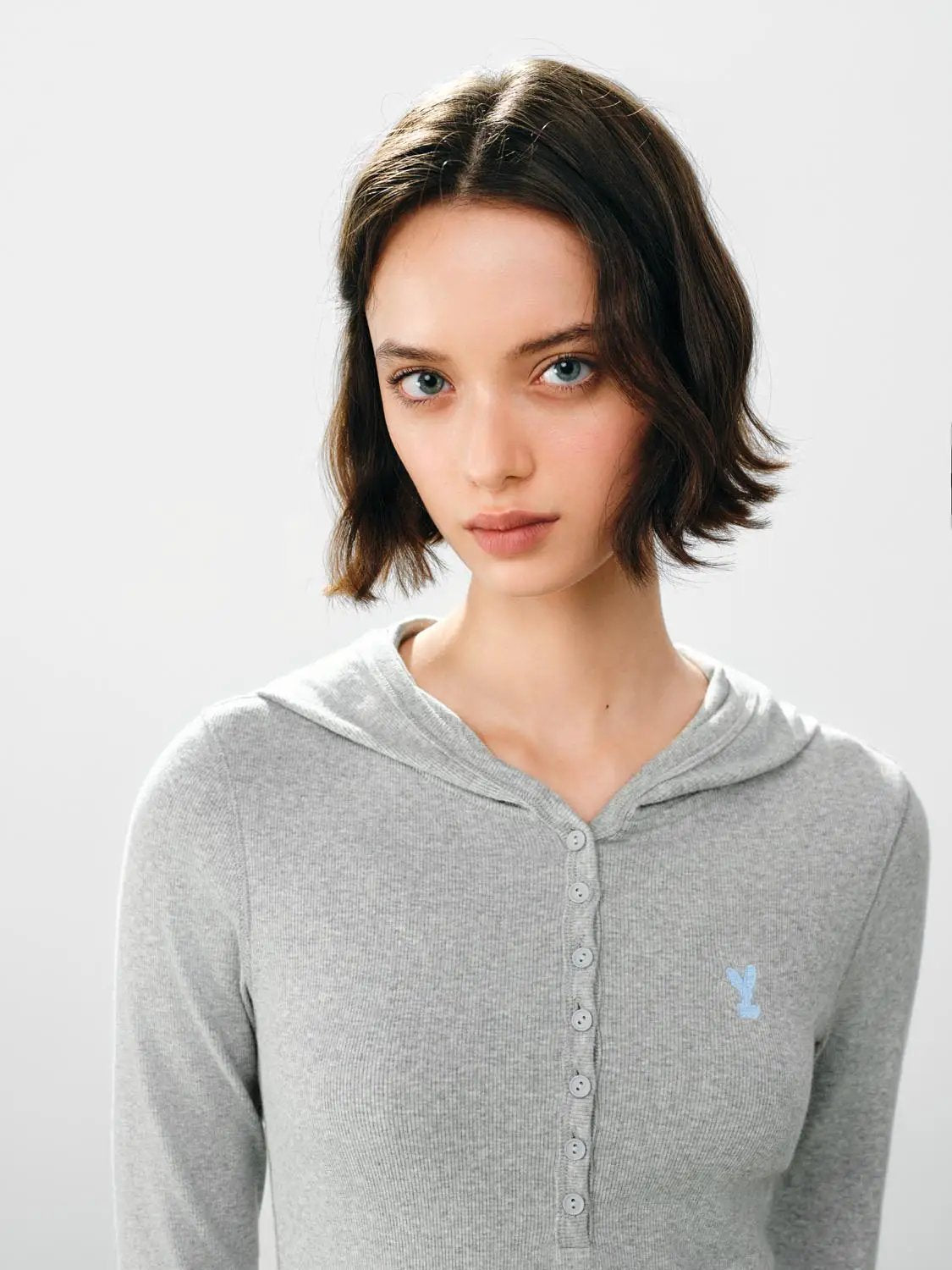 Embroidered Button Front Long Sleeve Cotton Blend Pullover