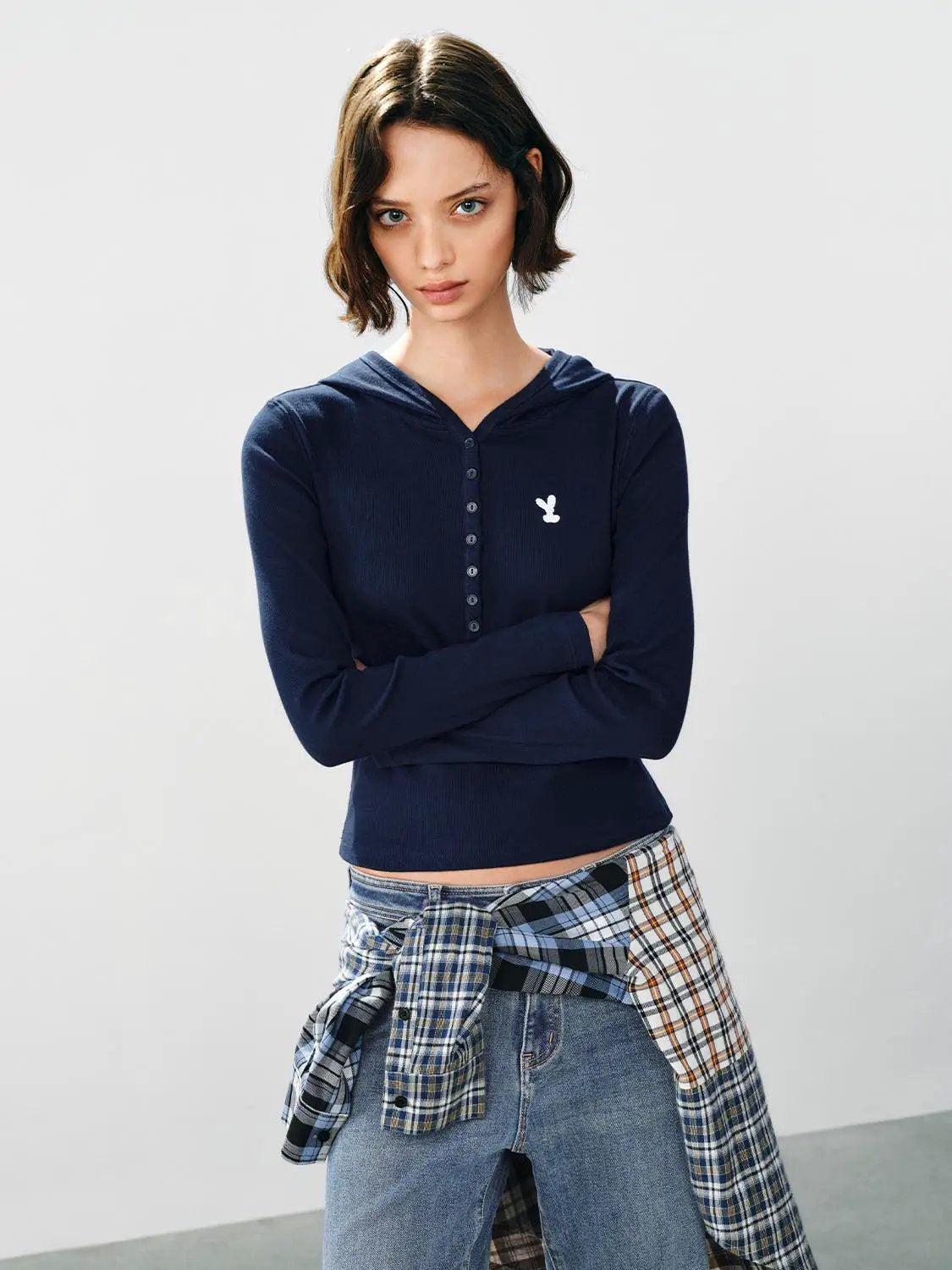Embroidered Button Front Long Sleeve Cotton Blend Pullover