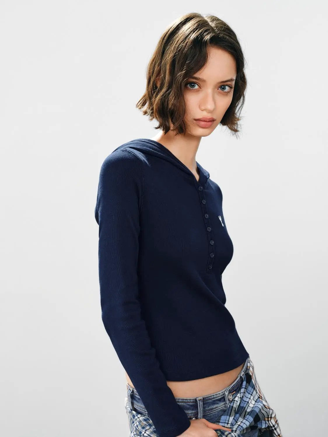 Embroidered Button Front Long Sleeve Cotton Blend Pullover