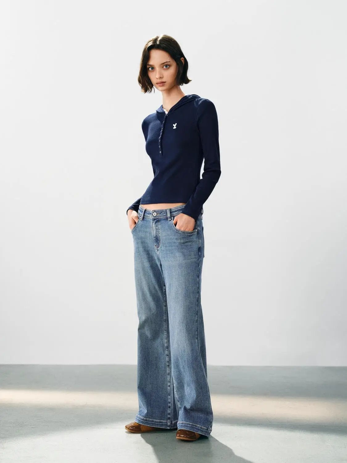 Embroidered Button Front Long Sleeve Cotton Blend Pullover