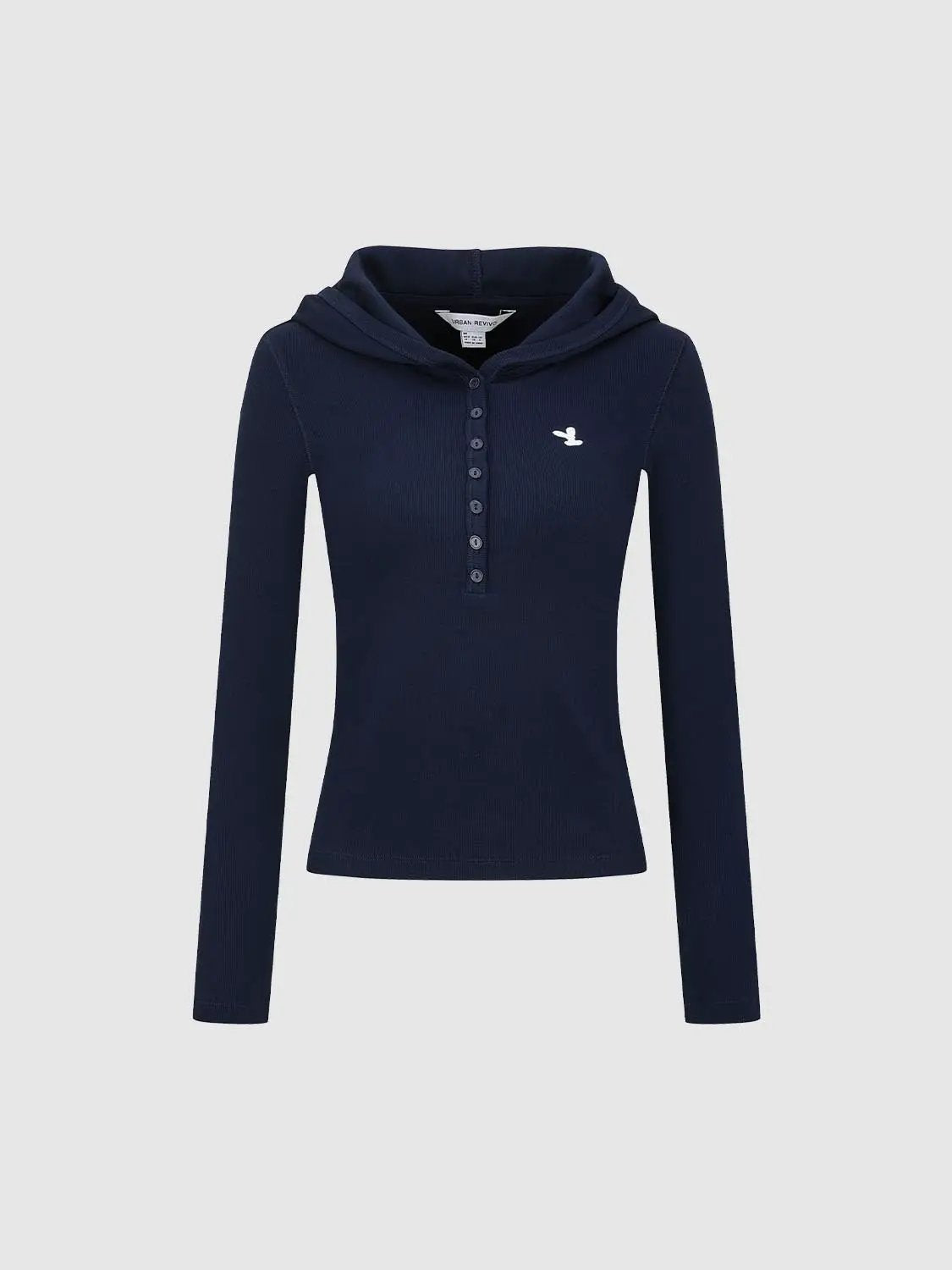 Embroidered Button Front Long Sleeve Cotton Blend Pullover