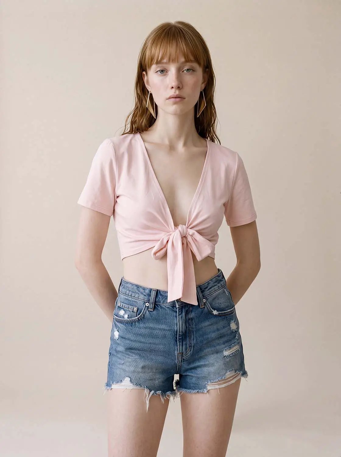 Tie Front Deep V-neck Short Sleeve Modal T-shirt