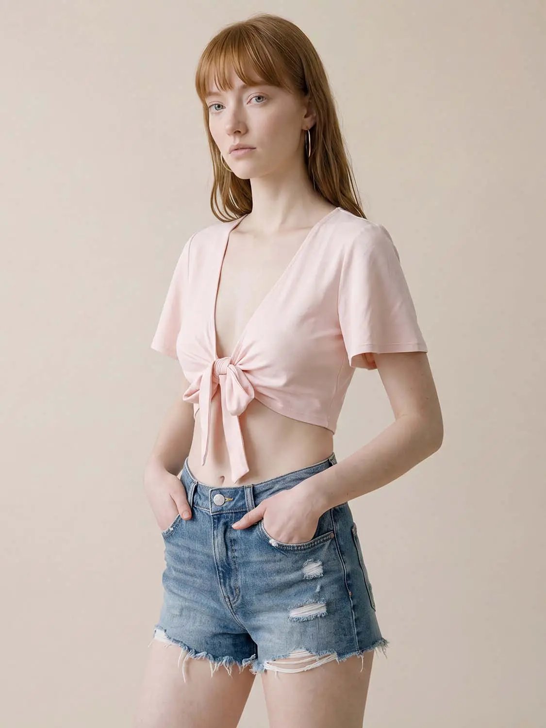 Tie Front Deep V-neck Short Sleeve Modal T-shirt