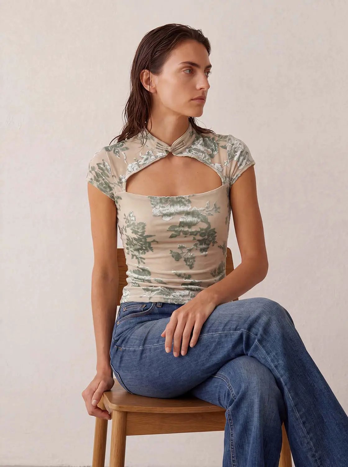 Burnt-out Floral Print Cutout Short Sleeve T-shirt