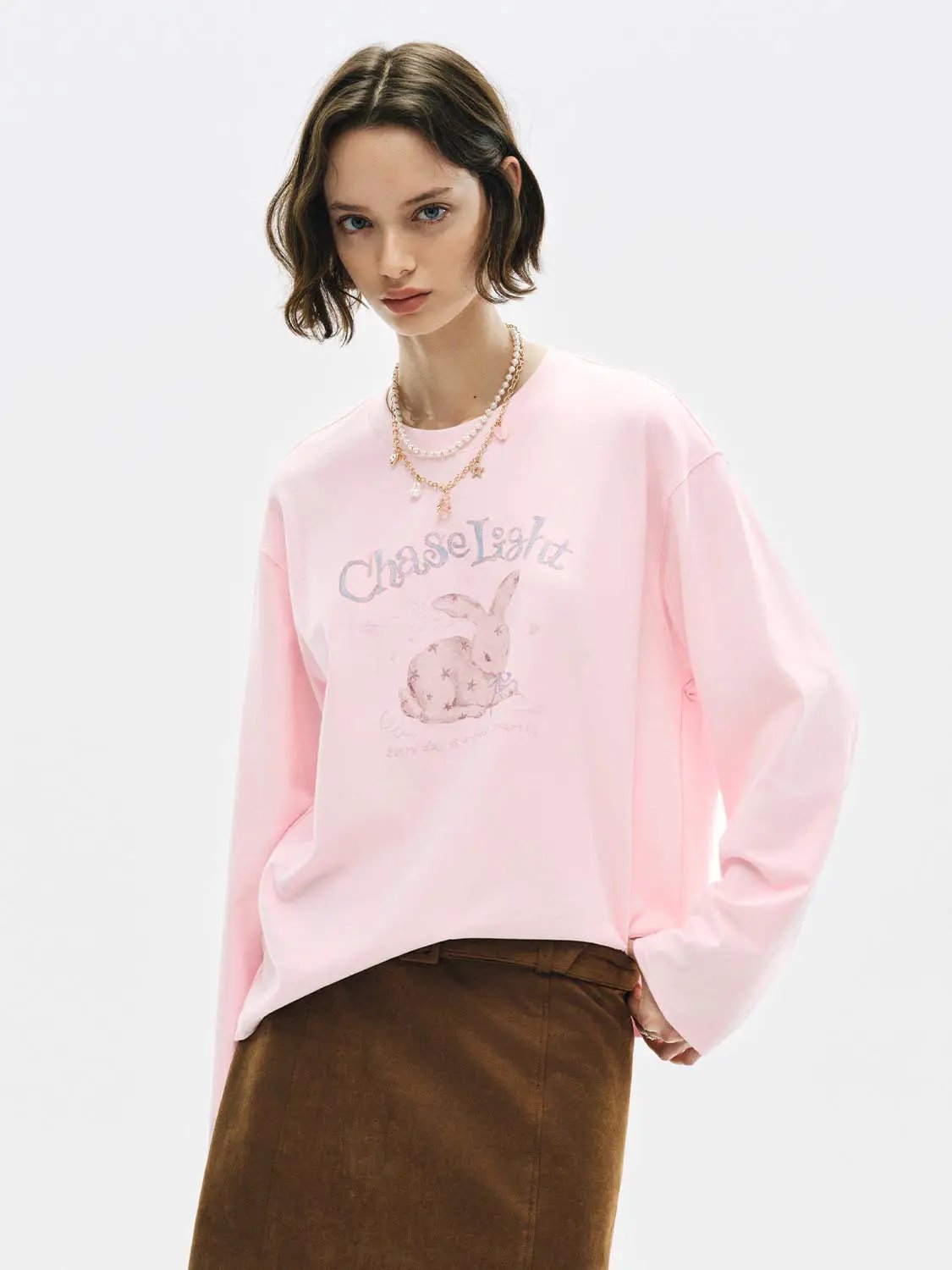 Graphic Print Crew Neck Long Sleeve Cotton Blend T-Shirt
