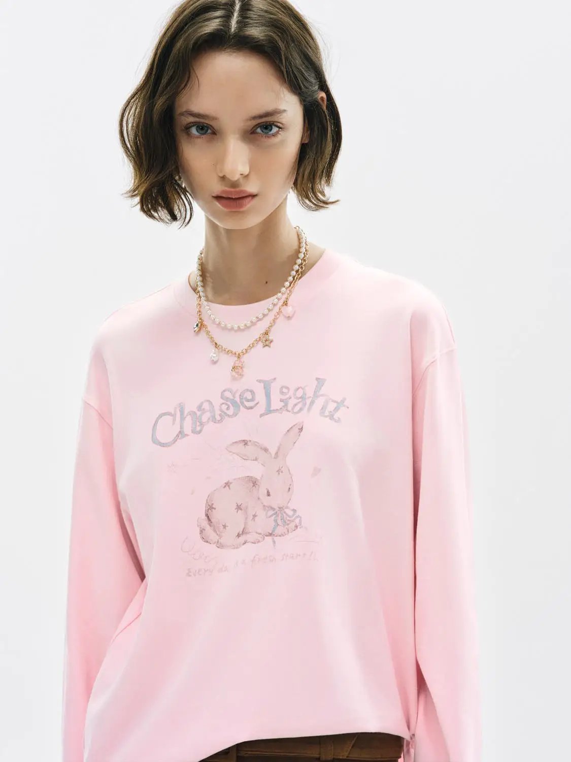 Graphic Print Crew Neck Long Sleeve Cotton Blend T-Shirt