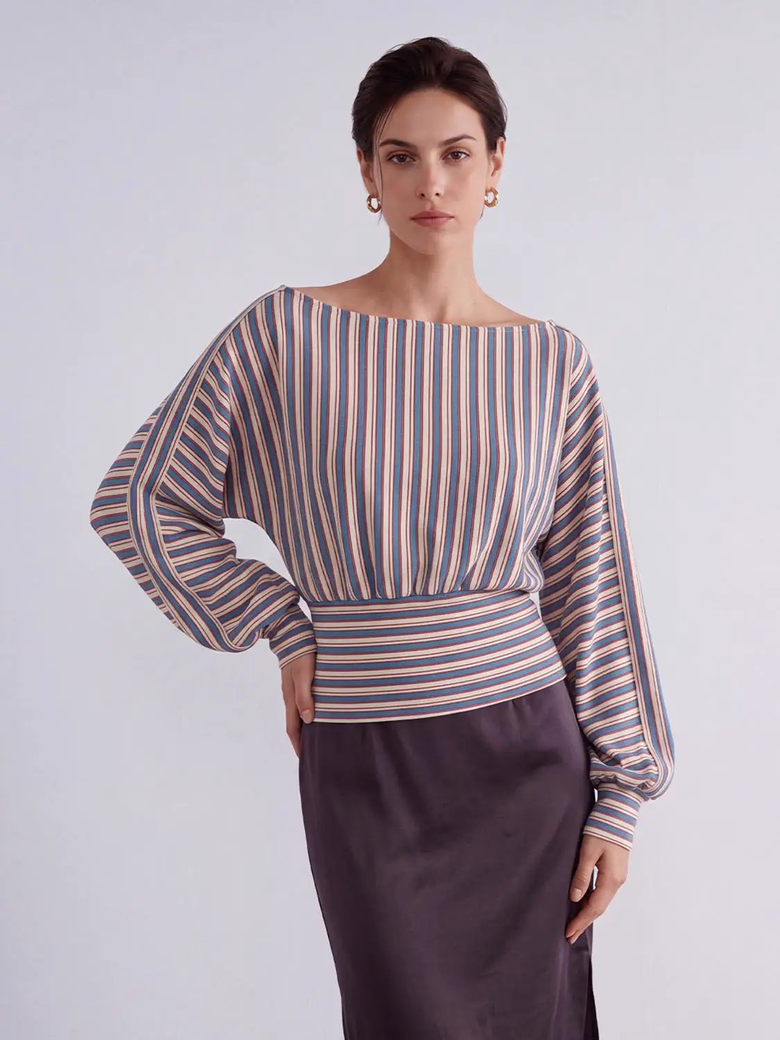 Gathered Striped Boat Neck Long Sleeve Cotton Blend T-Shirt